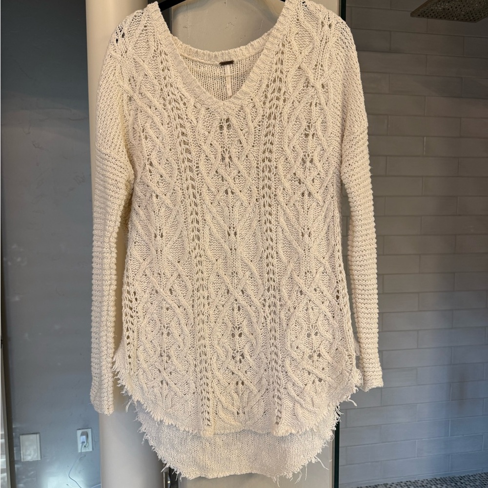 Free People Ivory V-Neck Cable Knit Sweater